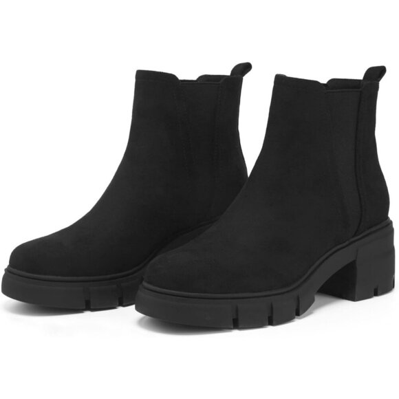Women\'s Black Suede Chelsea Boot Elastic Chunky Heel Platform Lug Sole Ankle